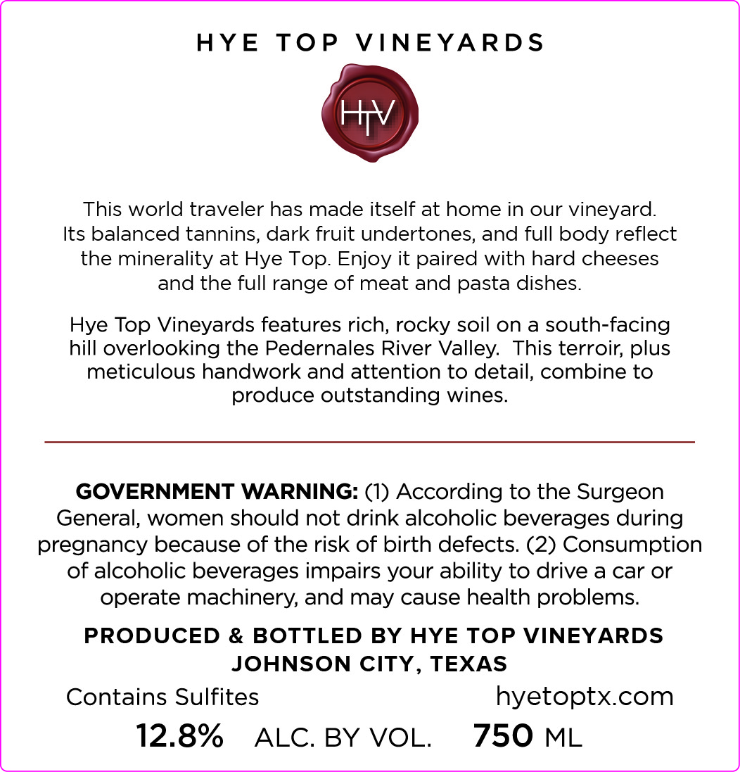 TABC label artwork for Hye Top Vineyards Cabernet Sauvignon
