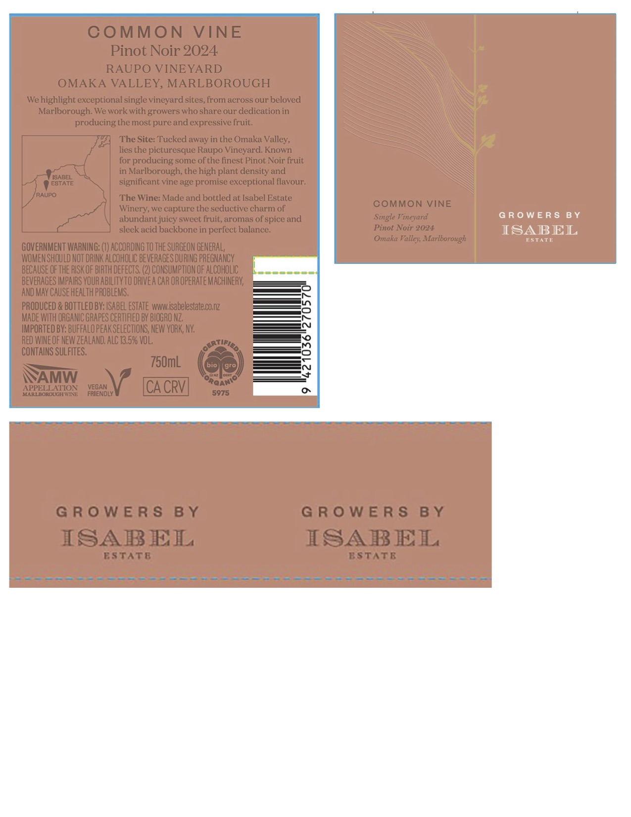 TABC label artwork for Common Vine Raupo Vineyard Omaka Valley Pinot Noir