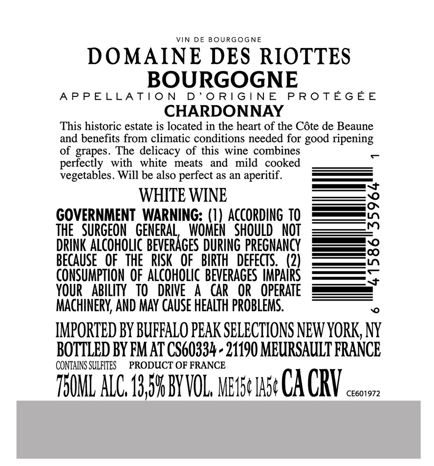 TABC label artwork for Domaine des Riottes Bourgogne Chardonnay