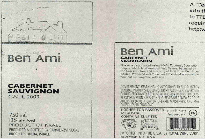 TABC label artwork for Ben Ami Cabernet Sauvignon