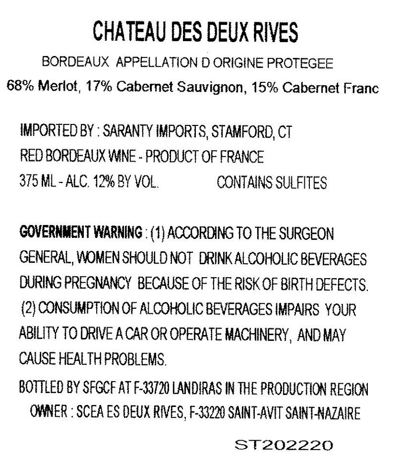 TABC label artwork for Chateau des Deux Rives