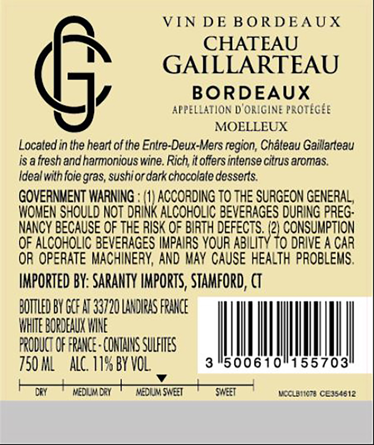 TABC label artwork for Chateau Gaillarteau Bordeaux Moelleux Blanc