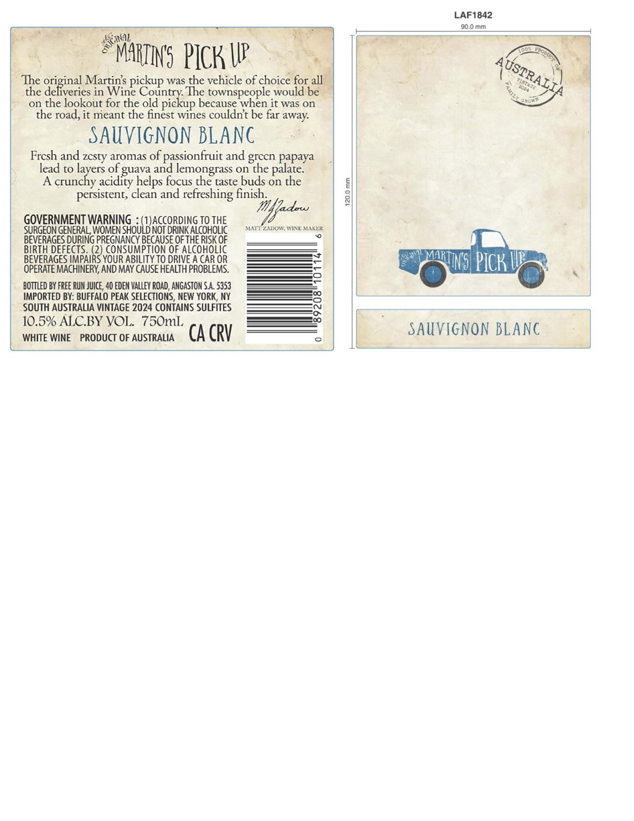 TABC label artwork for Martin's Pick Up Sauvignon Blanc