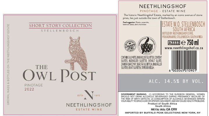 TABC label artwork for Neethlingshof The Owl Post Pinotage