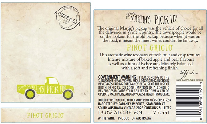 TABC label artwork for Martin's Pick Up Pinot Grigio