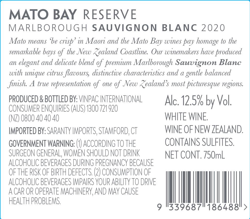 TABC label artwork for Mato Bay Reserve Marlborough Sauvignon Blanc