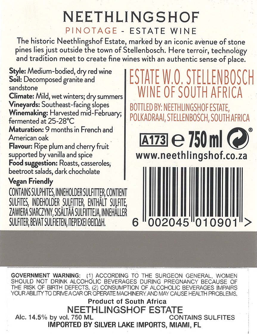 TABC label artwork for Neethlingshof Pinotage