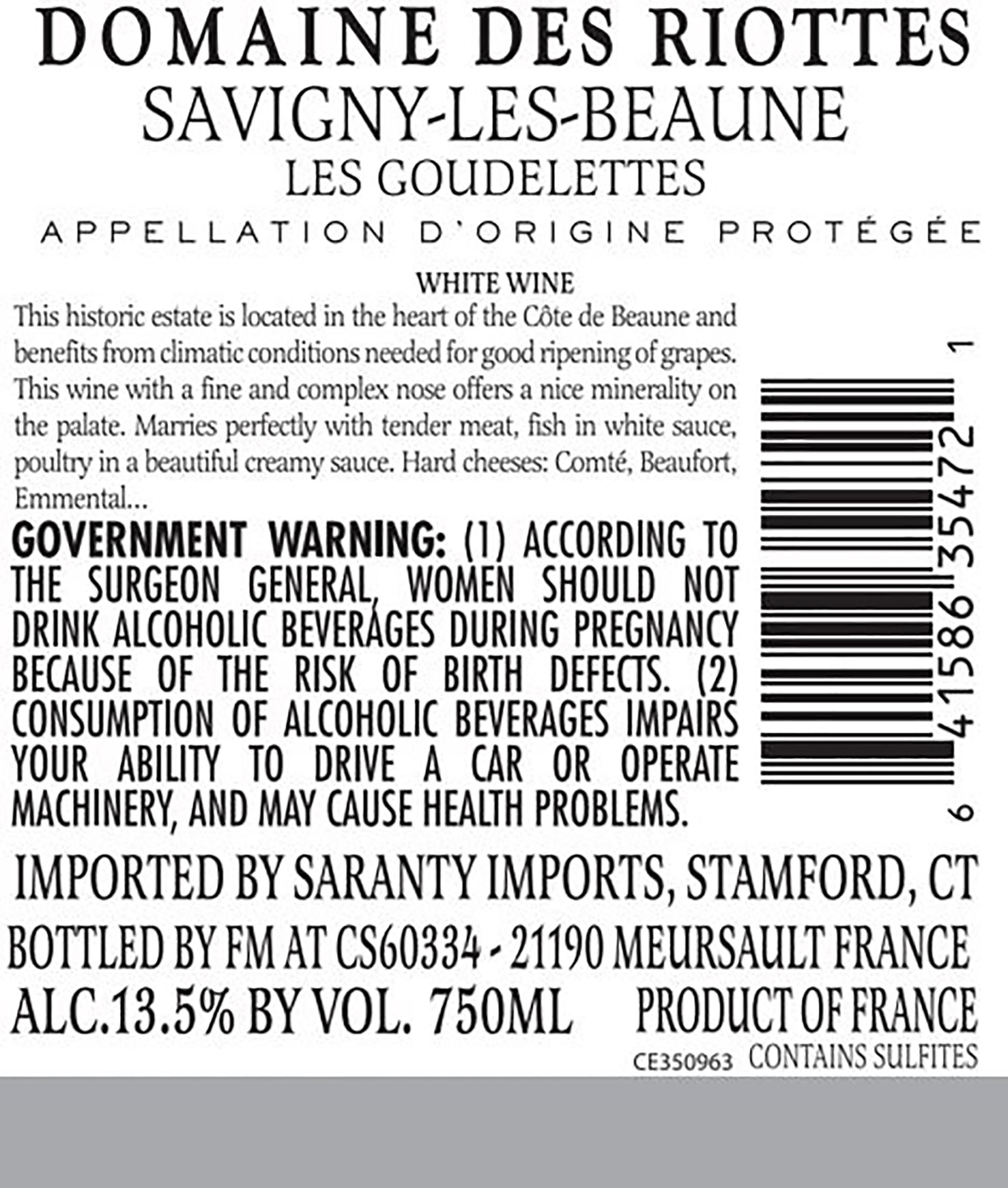 TABC label artwork for Domaine des Riottes Savigny les Beaune "les Goudelettes"