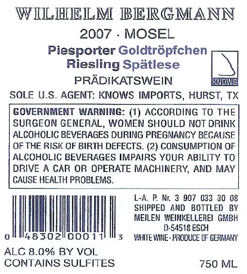TABC label artwork for Wilhelm Bergmann Piesporter Goldtropfchen Riesling Spatlese