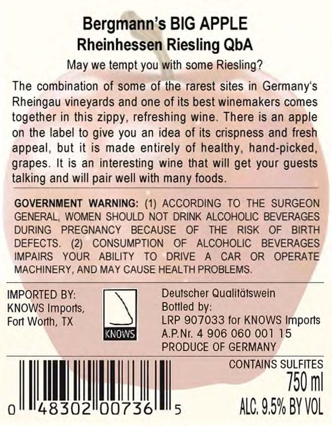 TABC label artwork for Bergmann's Big Apple Riesling