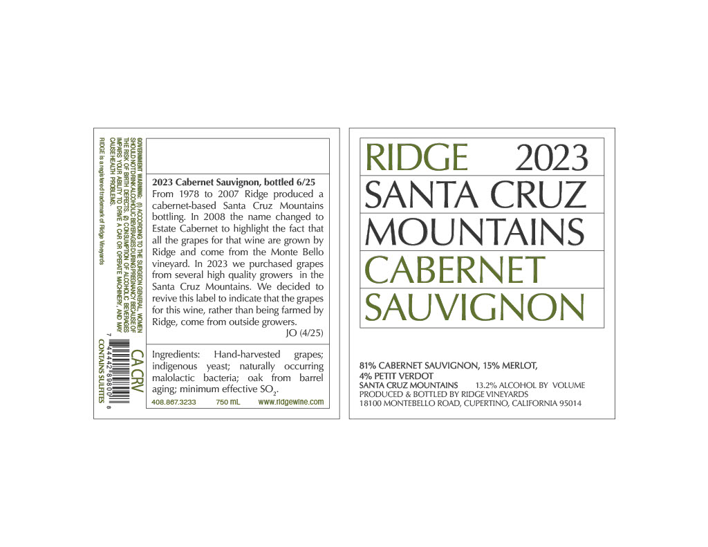 TABC label artwork for Ridge 2023 Santa Cruz Mountains Cabernet Sauvignon
