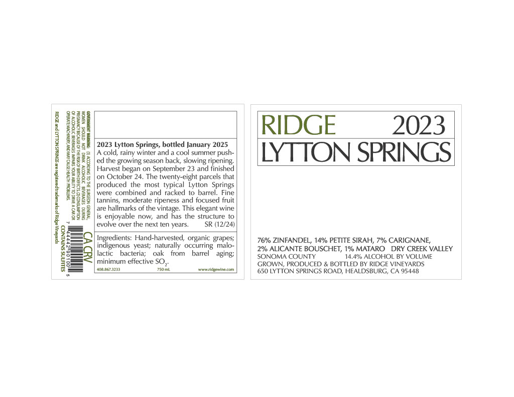 TABC label artwork for Ridge 2023 Lytton Springs