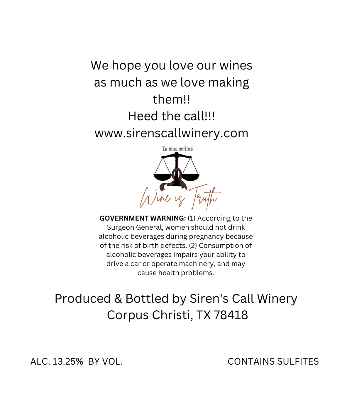 TABC label artwork for Siren's Call Winery Petite Sirah