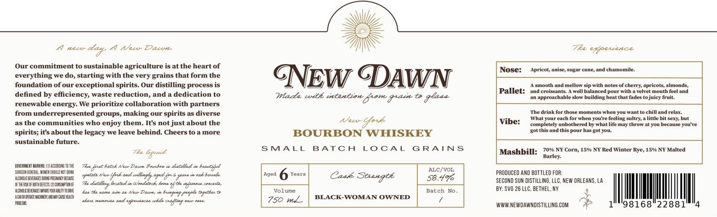 TABC label artwork for New Dawn Bourbon Whiskey Small Batch Local Grains Aged 6 Years