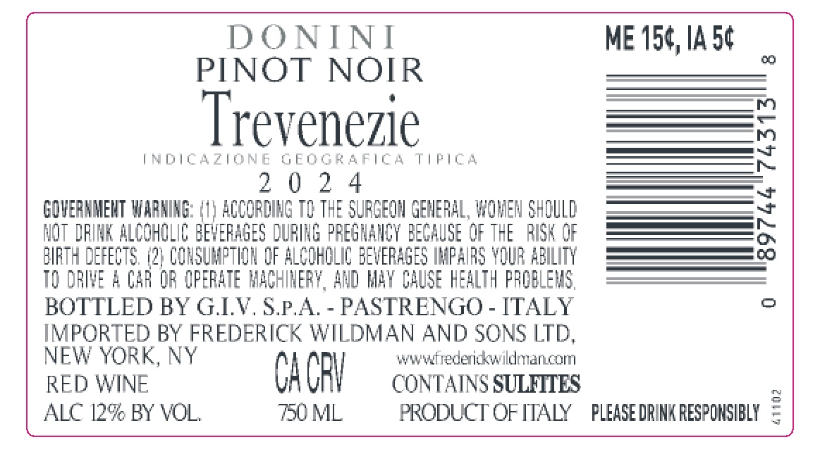 TABC label artwork for Donini Pinot Noir Trevenezie