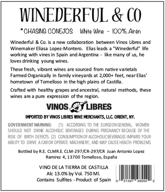 TABC label artwork for Winederful Chasing Conejos White Airen