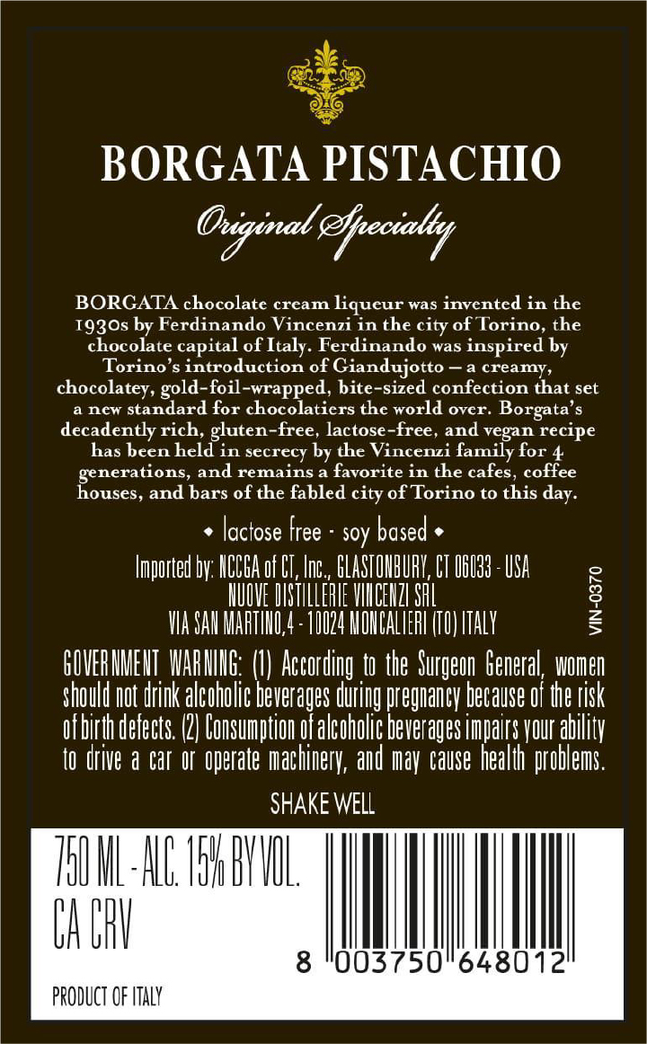 TABC label artwork for Borgata Pistachio Liqueur