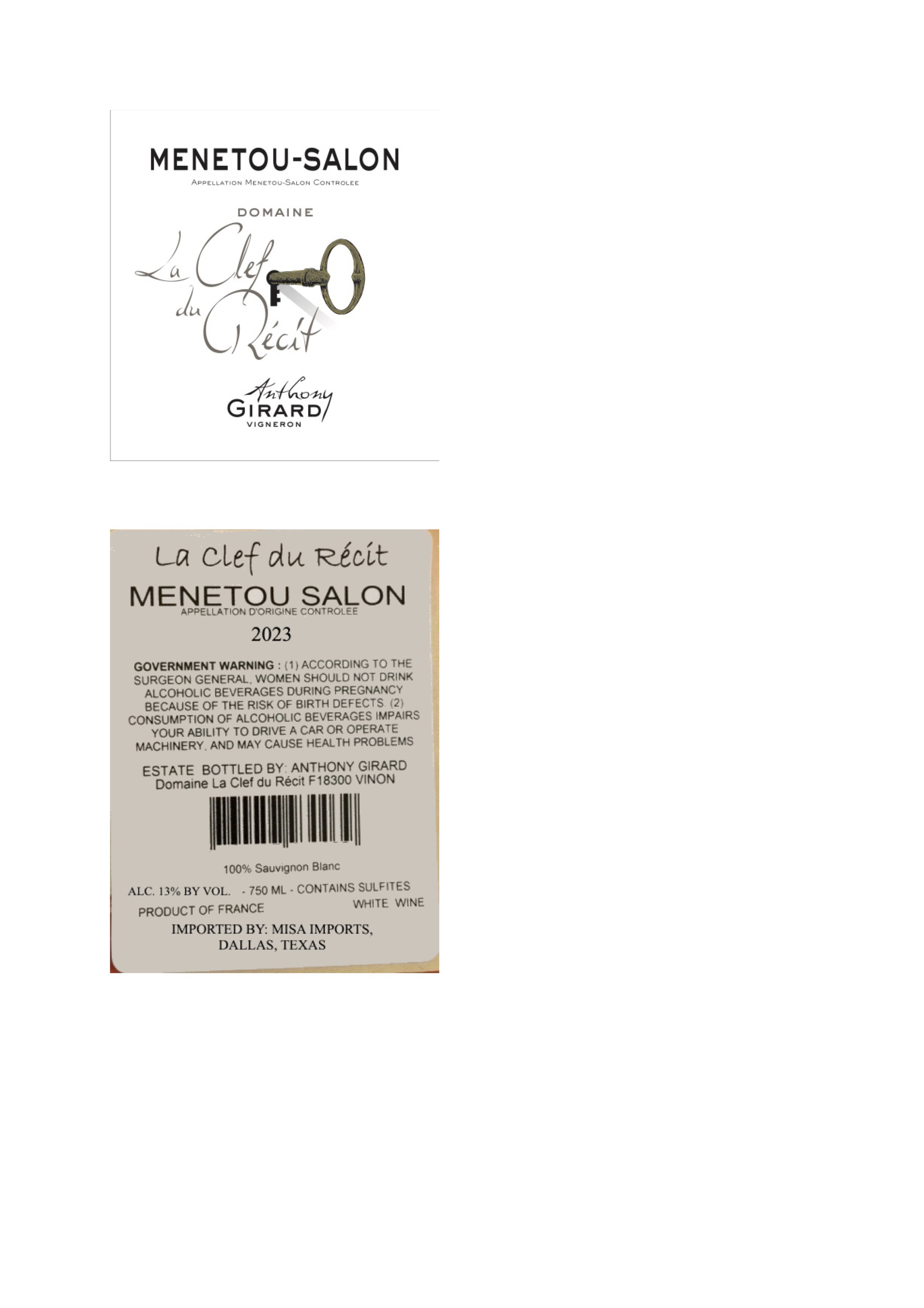 TABC label artwork for LA CLEF DU RECIT ANTHONY GIRARD SAUVIGNON BLANC