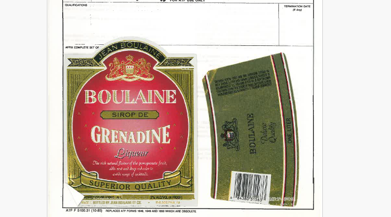 TABC label artwork for Boulaine Grenadine