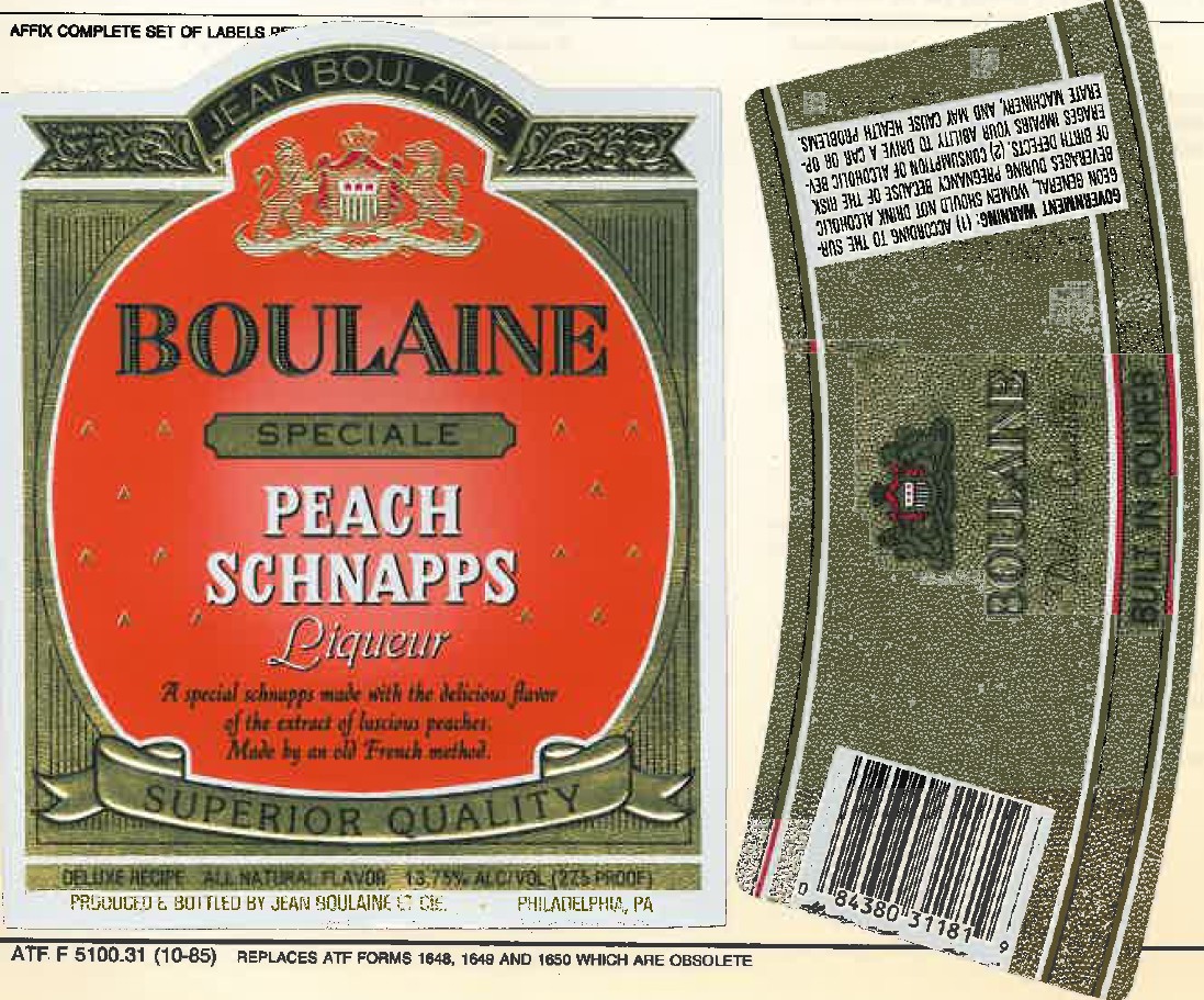 TABC label artwork for Boulaine Peach Schnapps