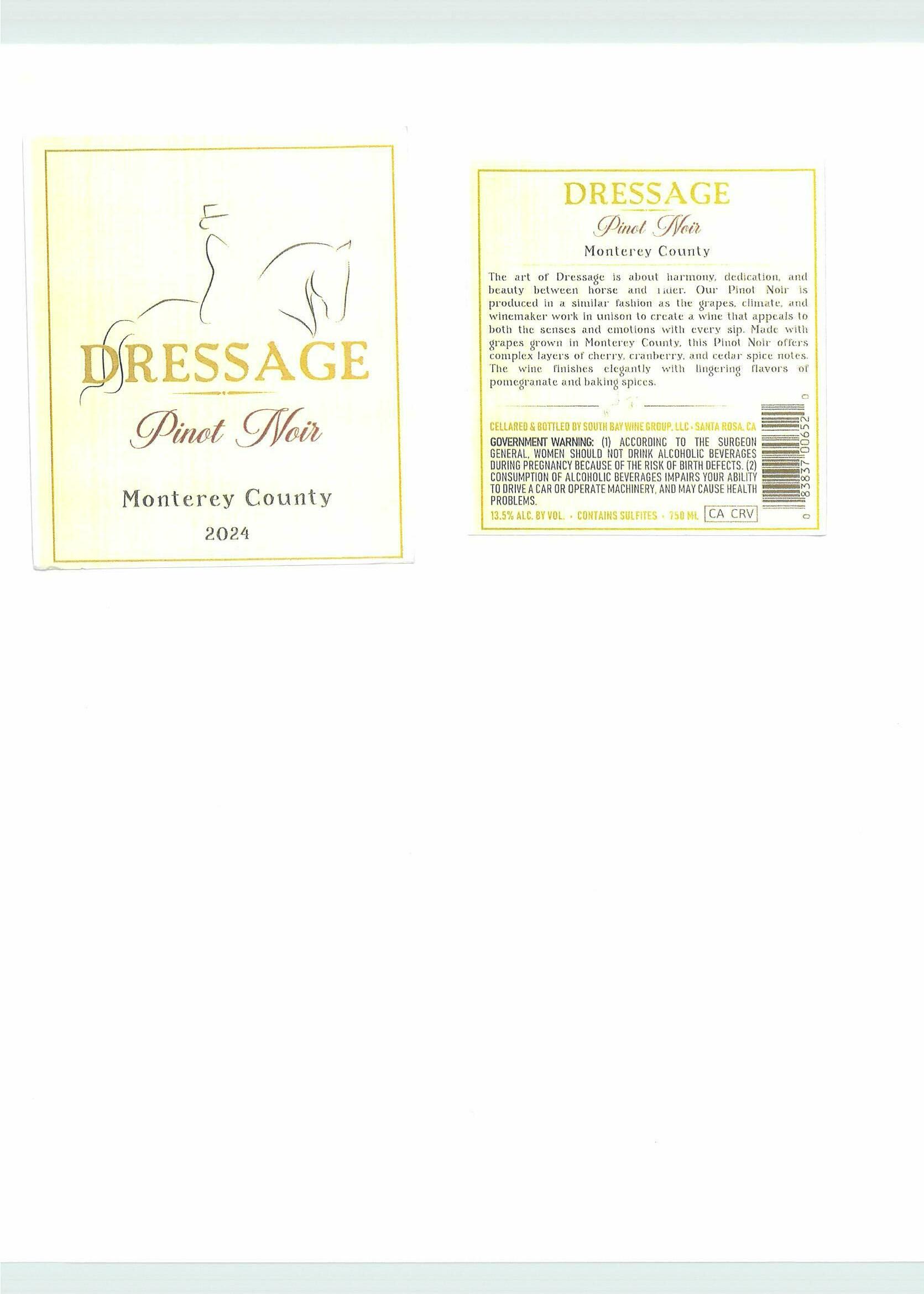 TABC label artwork for Dressage Pinot Noir Monterey