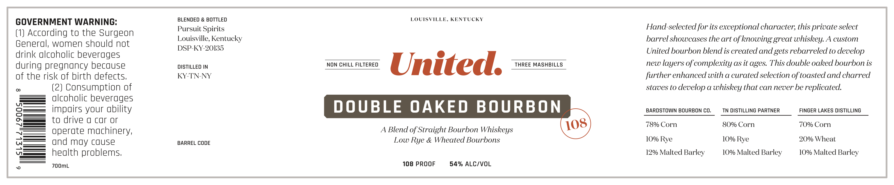 TABC label artwork for Pursuit United Double Oaked Bourbon 108