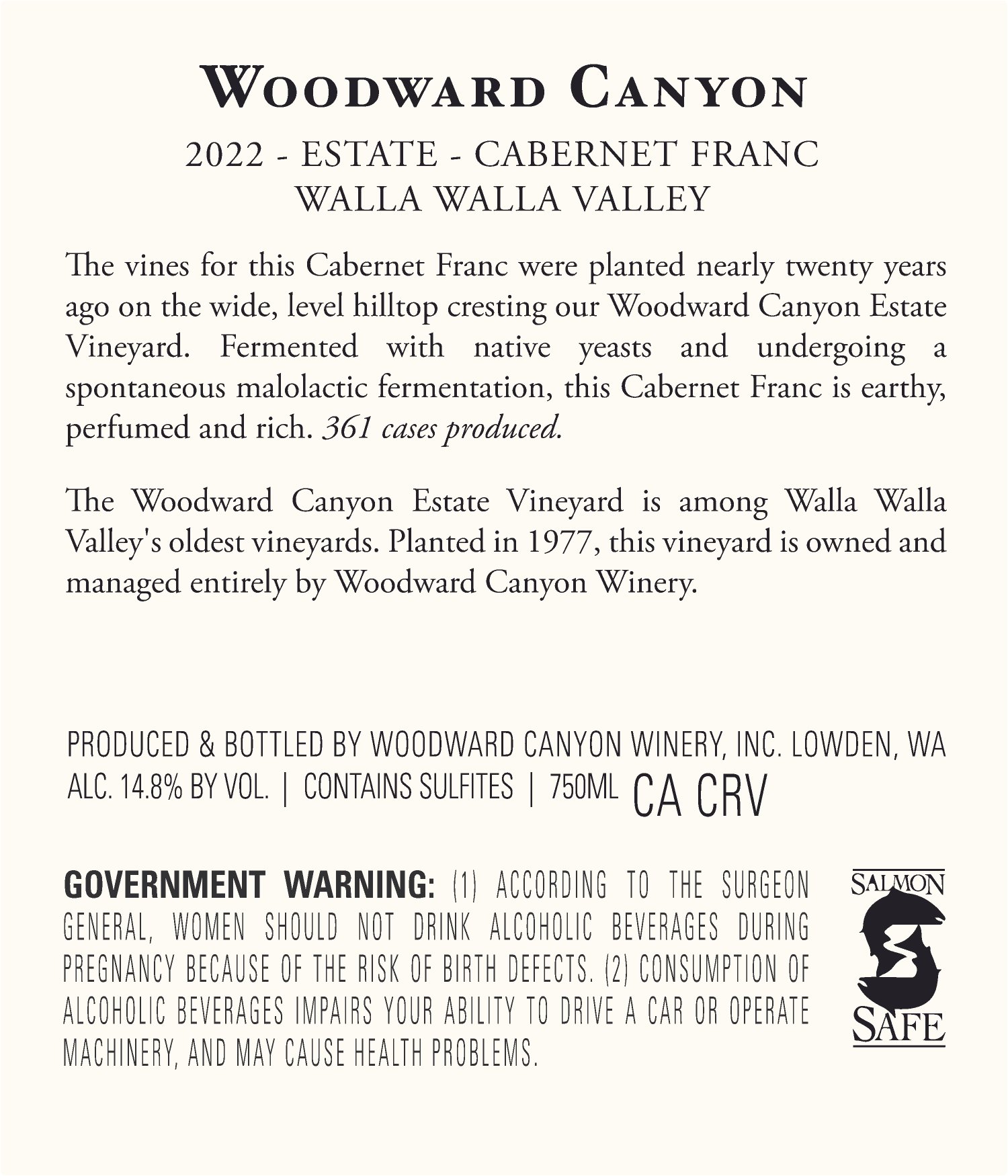 TABC label artwork for WOODWARD CANYON ESTATE CABERNET FRANC