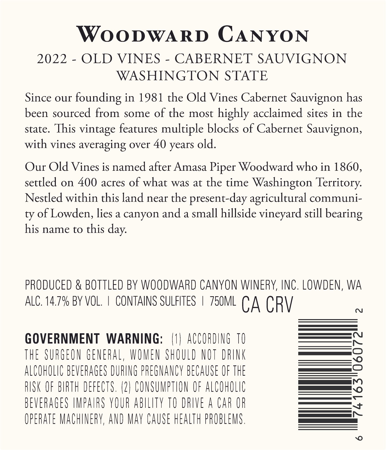 TABC label artwork for WOODWARD CANYON OLD VINES CABERNET SAUVIGNON