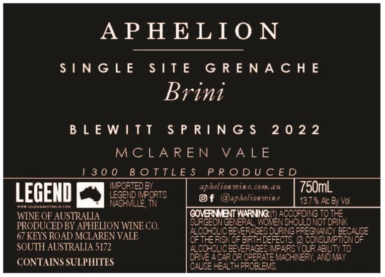 TABC label artwork for APHELION BRINI GRENACHE