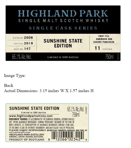 TABC label artwork for Highland Park Sunshine State Edition