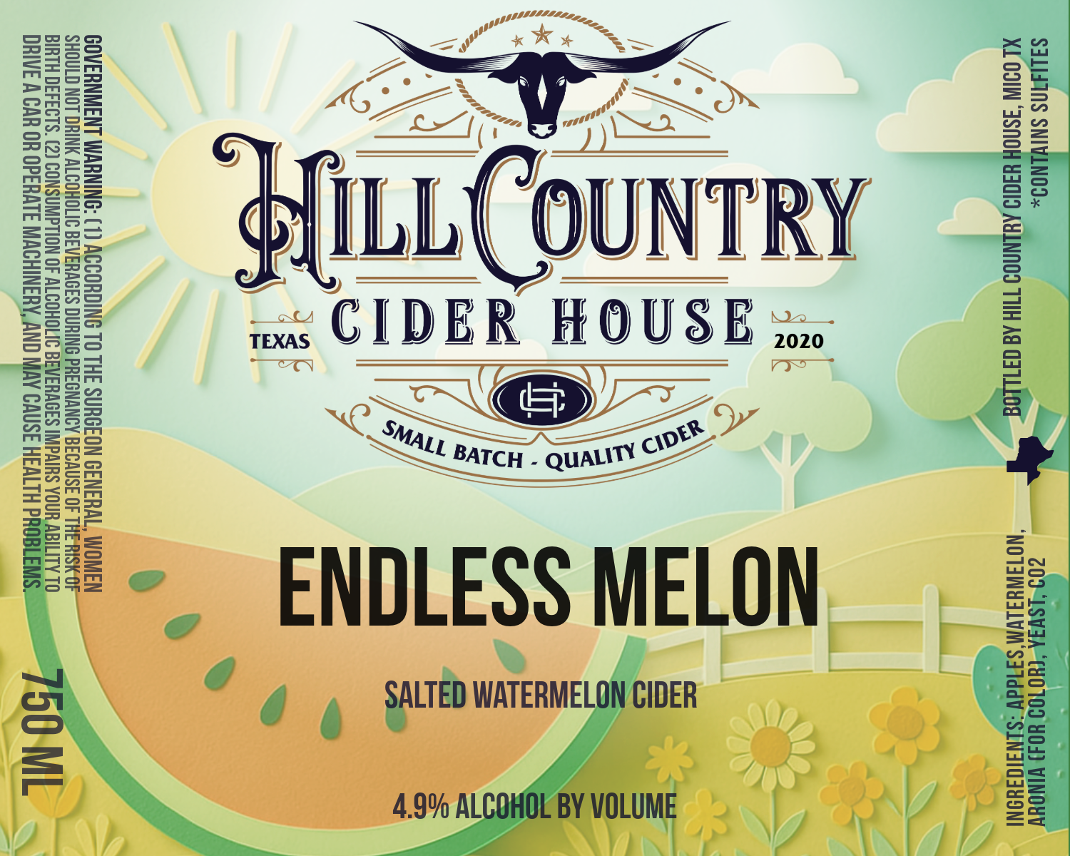 TABC label artwork for Hill Country Cider House Endless Melon