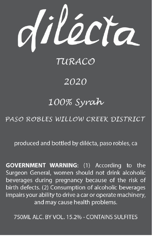 TABC label artwork for Dilecta Turaco Syrah
