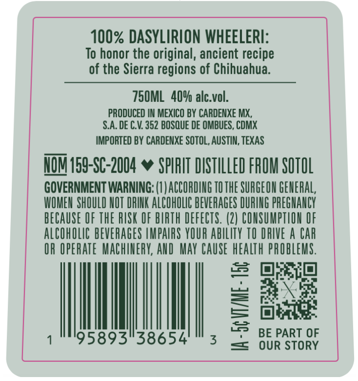 TABC label artwork for CARDENXE Sotol de la Sierra