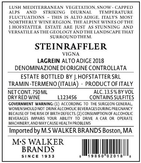 TABC label artwork for J. HOFSTATTER STEINRAFFLER