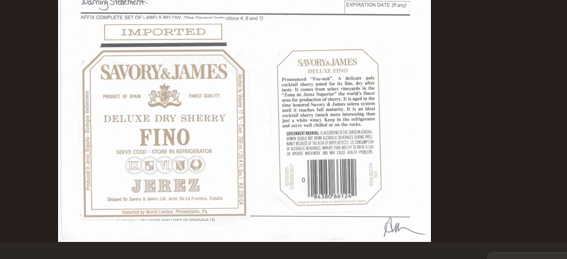 TABC label artwork for Savory & James Fino