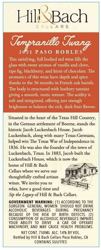 TABC label artwork for Hill & Bach Cellars Tempranillo Twang