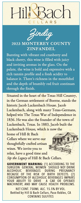 TABC label artwork for Hill & Bach Cellars Zindig