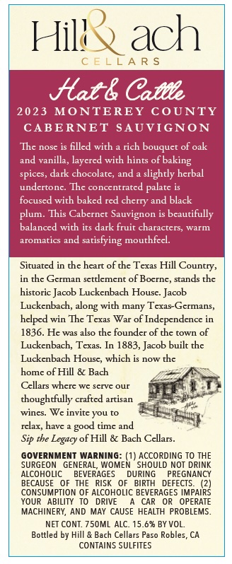 TABC label artwork for Hill & Bach Cellars Hat & Cattle