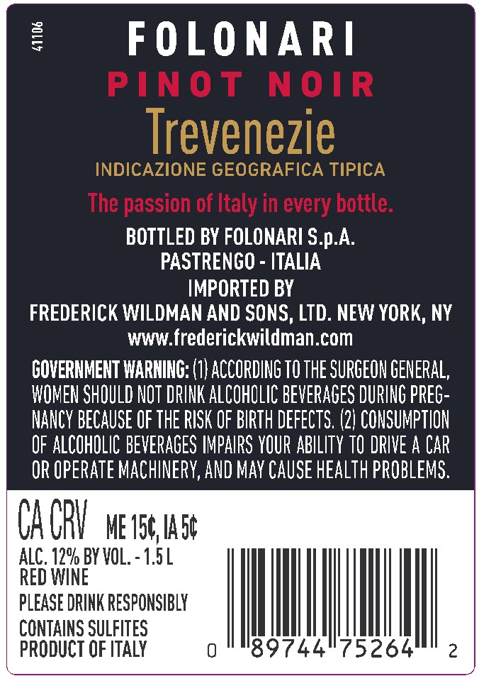 TABC label artwork for Folonari Pinot Noir Trevenezie