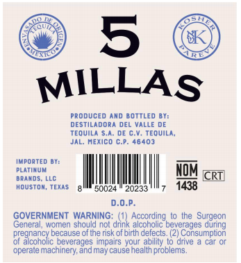 TABC label artwork for 5 Millas Tequila Blanco