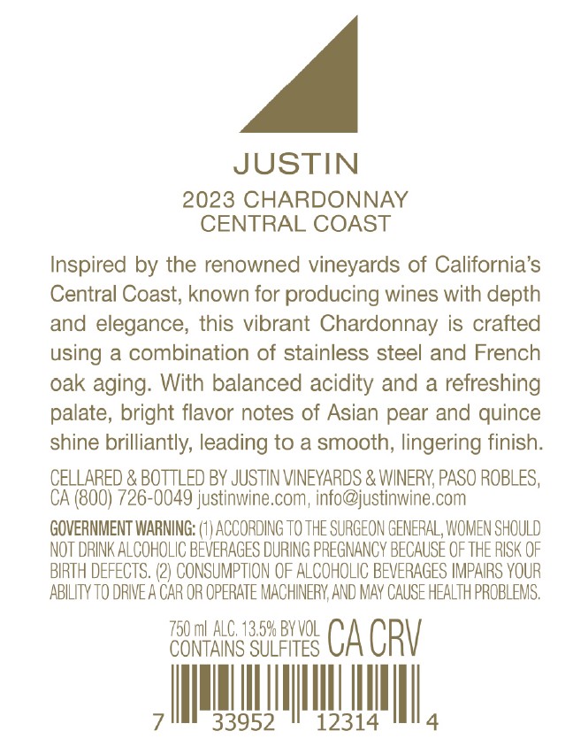 TABC label artwork for JUSTIN CHARDONNAY CENTRAL COAST