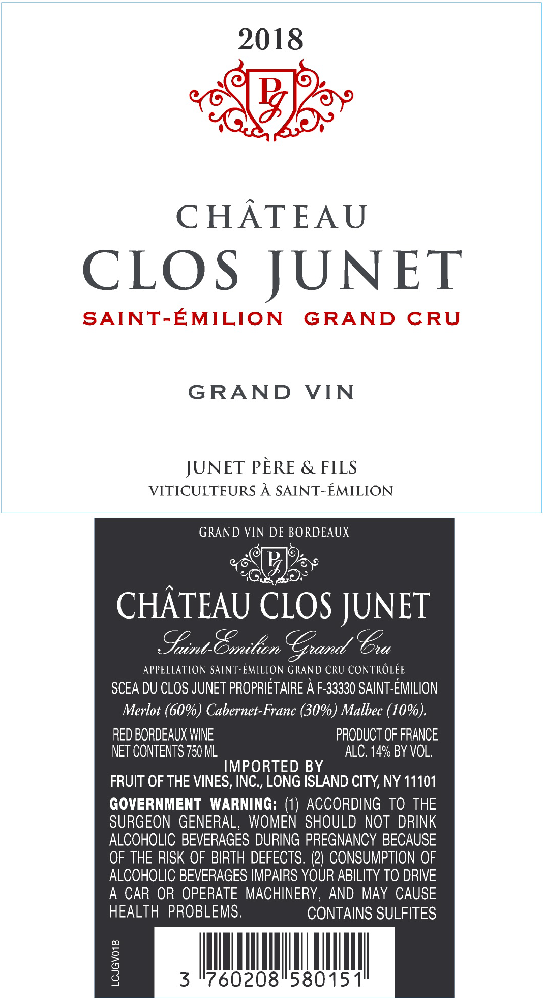 TABC label artwork for Chateau Clos Junet St Emilion Grand Cru