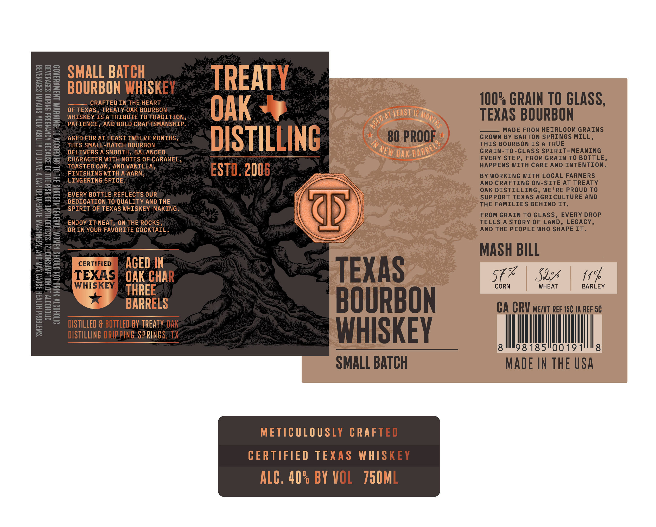 TABC label artwork for Treaty Oak Texas Bourbon Whiskey Small Batch 80P