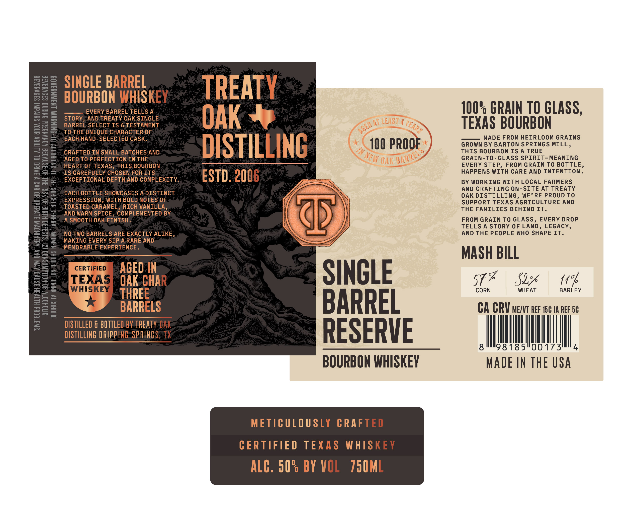 TABC label artwork for Treaty Oak Single Barrel Reserve Bourbon Whiskey 100P