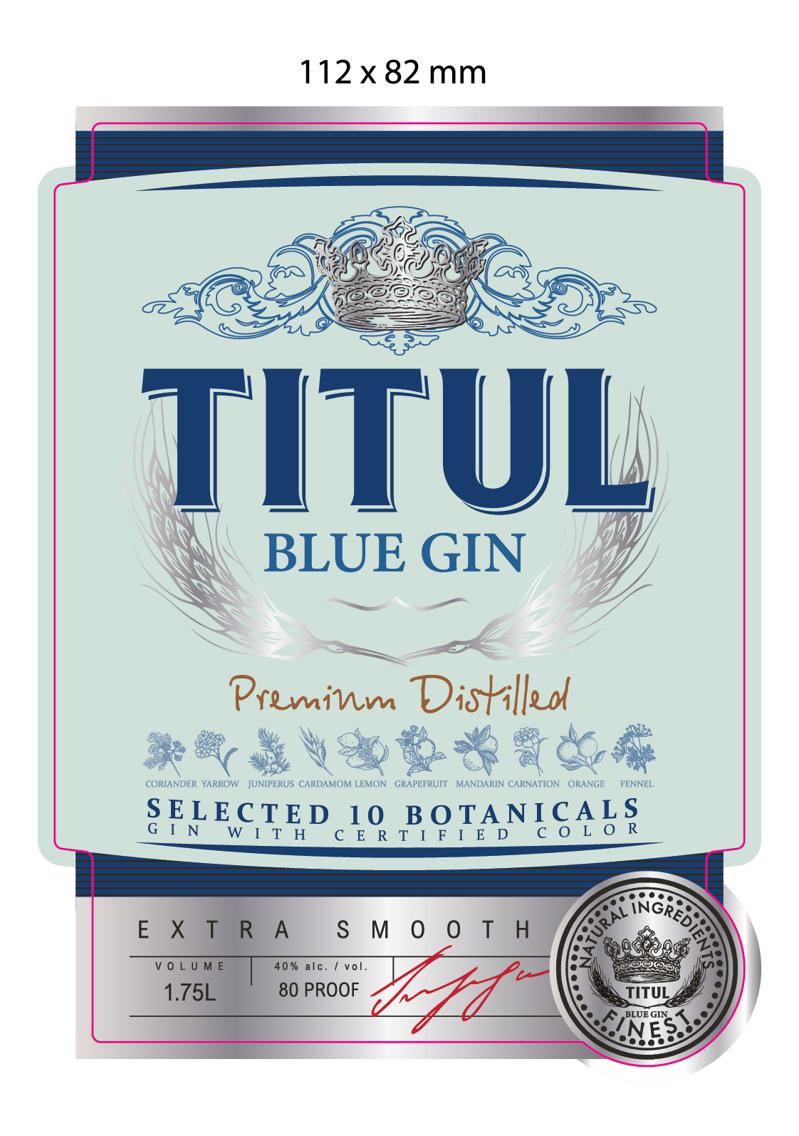 TABC label artwork for Titul Blue Gin
