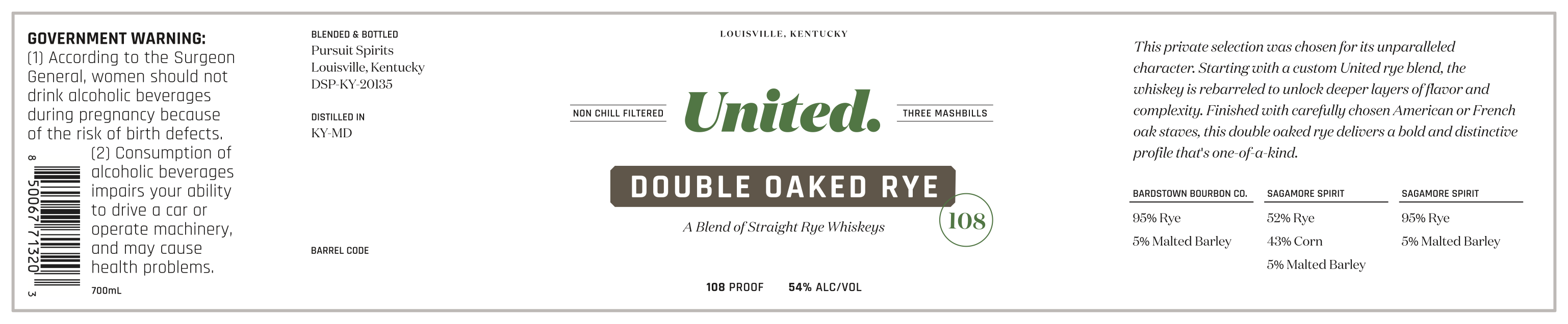 TABC label artwork for Pursuit United Double Oaked Rye 108 Private Selection