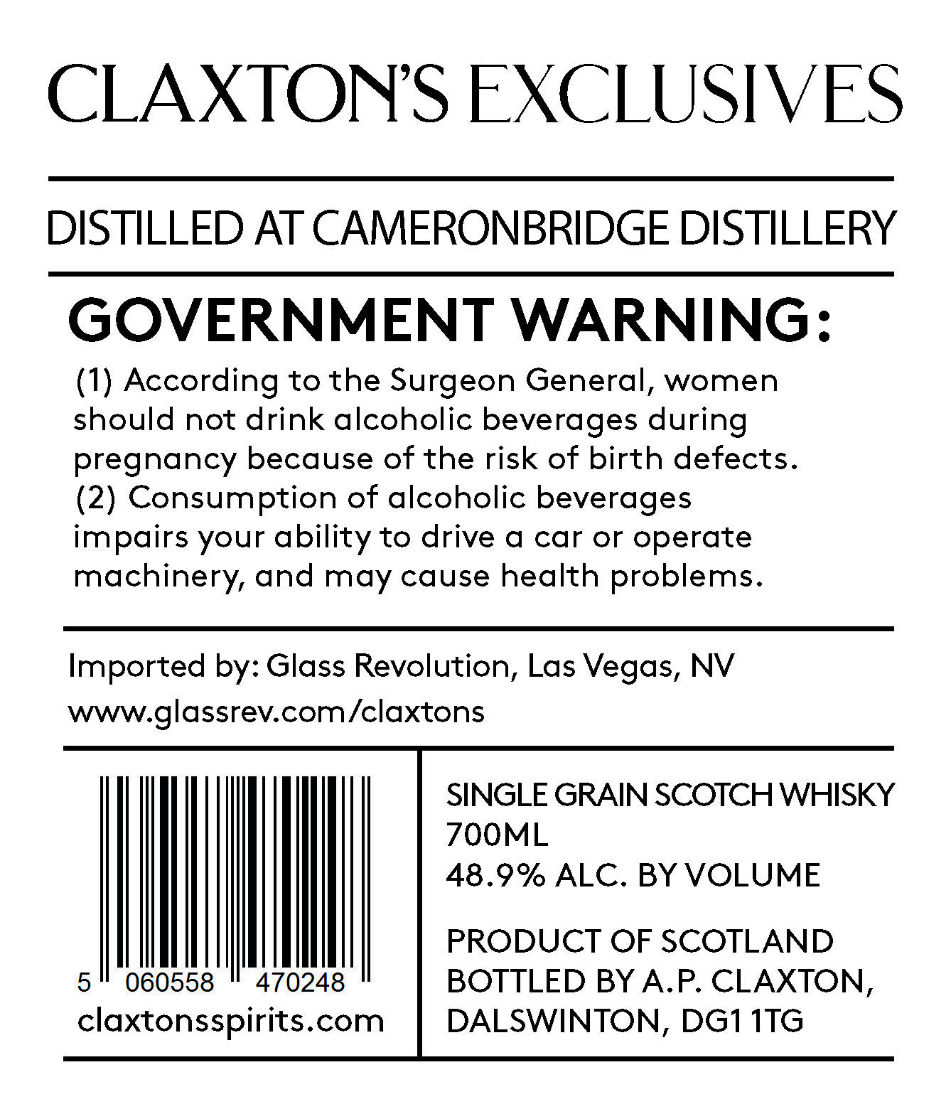 TABC label artwork for Claxton's Distilled at Cameronbridge Distillery