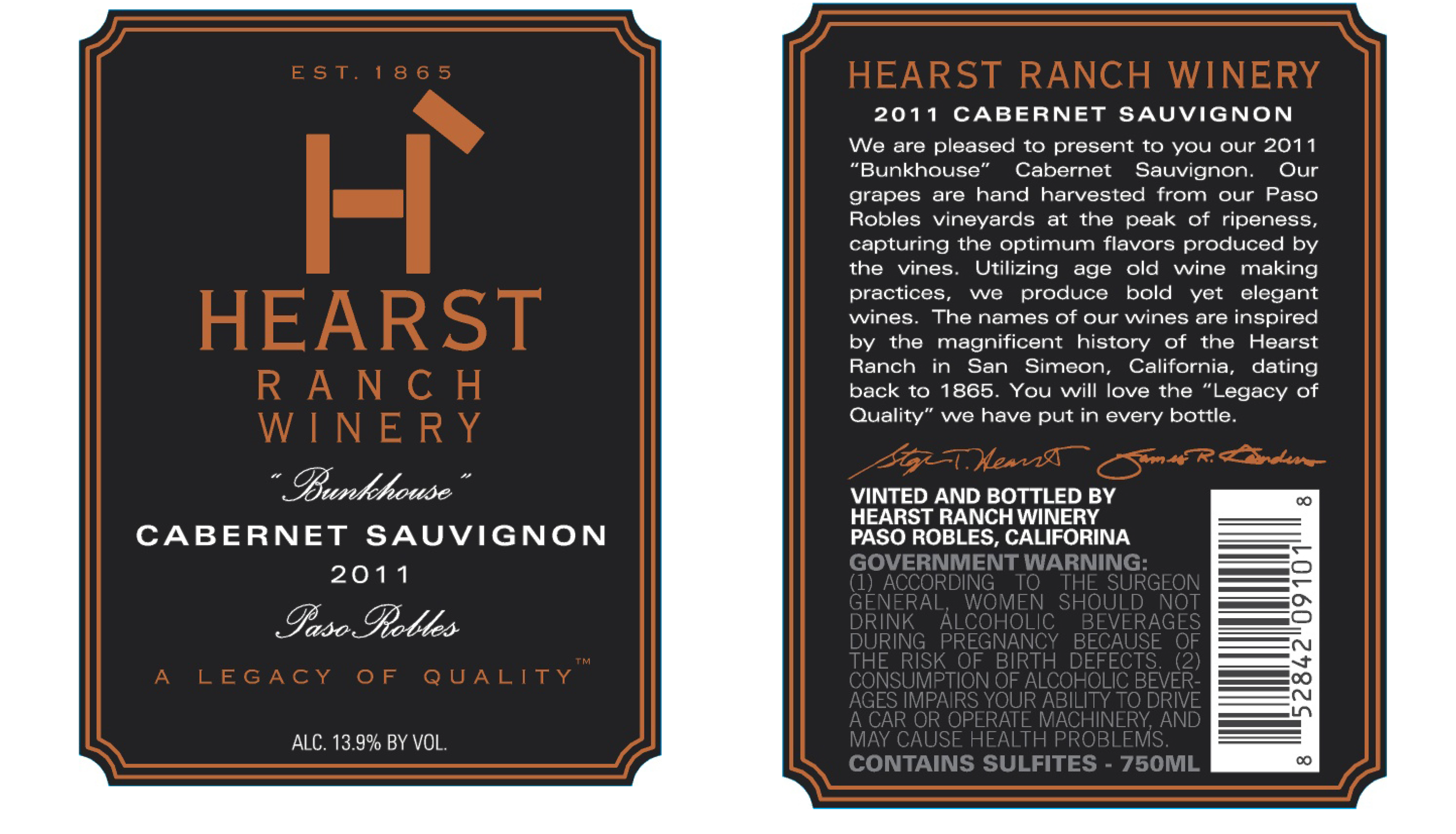 TABC label artwork for HEARST RANCH WINERY BUNKHOUSE CAB SAUV PASO ROBLES