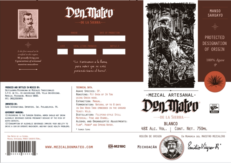 TABC label artwork for Don Mateo De La Sierra, Mezcal, Manso Sahuayo