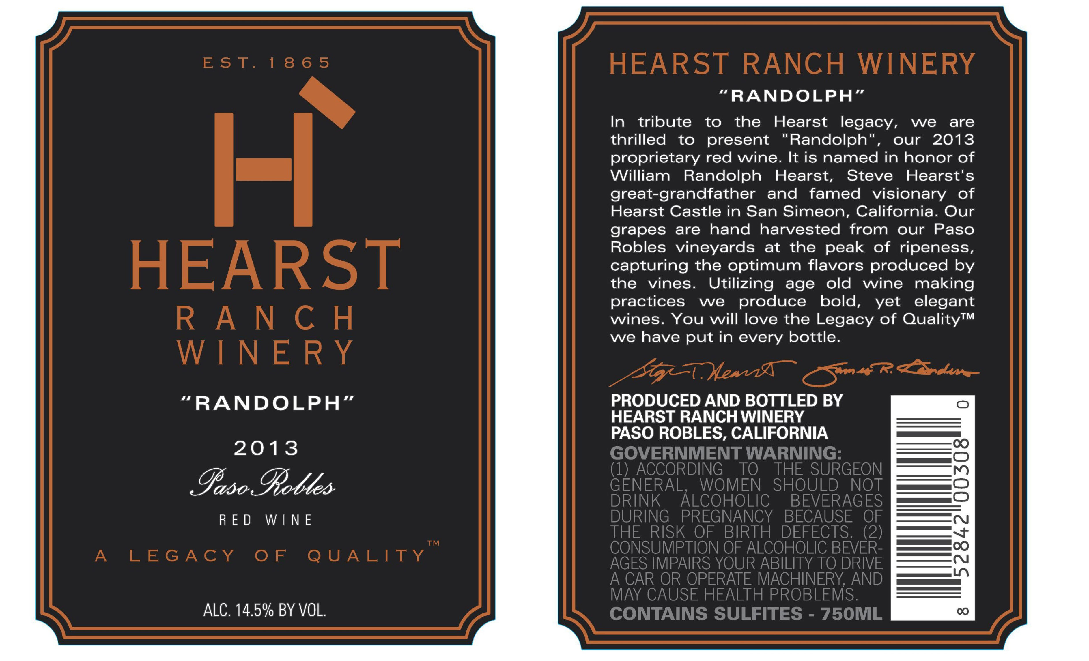 TABC label artwork for HEARST RANCH WINERY RANDOLPH RED WINE PASO ROBLES